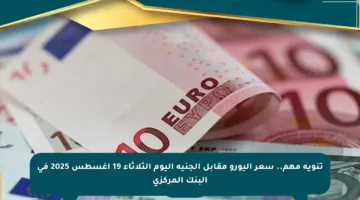 تنويه مهم.. سعر اليورو مقابل الجنيه اليوم الثلاثاء 19 أغسطس 2025 في البنك المركزي